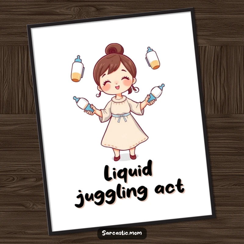 Funny Digital Art Print: A whimsical mother character juggling baby bottles, offering instant, humorous, and relatable parenting decor.