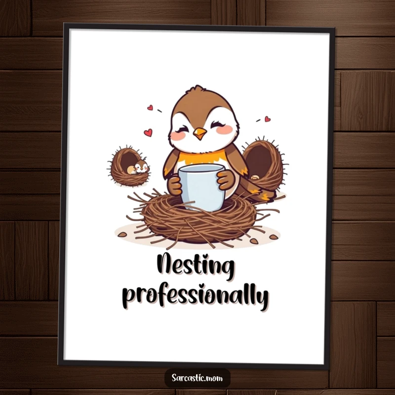 Funny Robin Mom Digital Art: A coffee-loving robin mom gives a stern glare to her untidy nest.