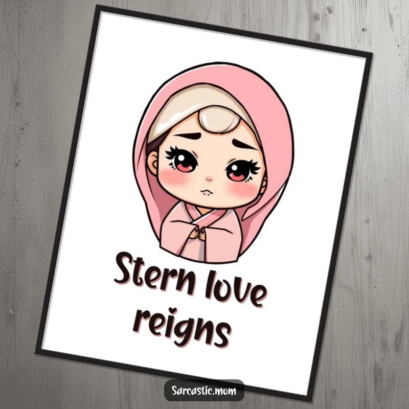 Funny Digital Art Print of a mother figure's stern yet loving gaze, perfect for printable wall decor symbolizing guidance and deep affection.