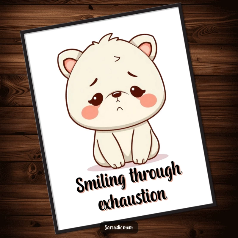 Funny Kawaii Mom animal digital art print, embodying a knowing, exhausted smile, capturing the essence of motherhood.