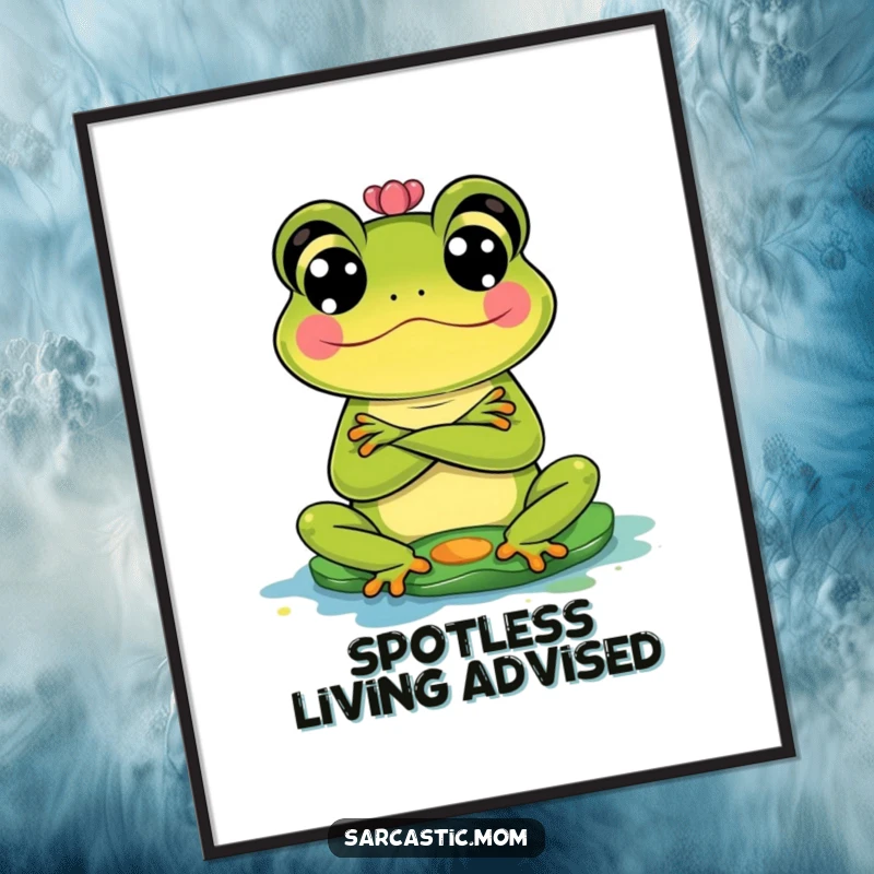 Funny Frog Mom Digital Art: A frog mother with crossed arms glares judgmentally at a messy, splattered lily pad.