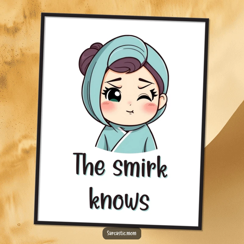 Funny digital art print of a mother figure with a raised eyebrow and knowing smirk, perfect for humorous and instant wall decor.