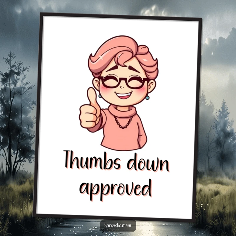 Funny sarcastic mom digital art print, giving a thumbs down with a grin. Humorous download.