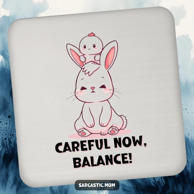 Funny drink coasters showcasing a bunny mom balancing a baby on her head, perfect for protecting furniture with humor.