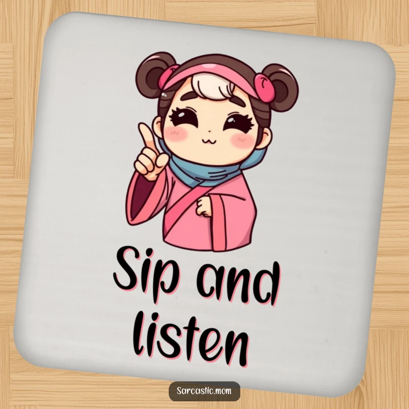 Funny drink coaster with a mother figure offering unsolicited advice with a pointed finger, adding humorous protection and maternal guidance.