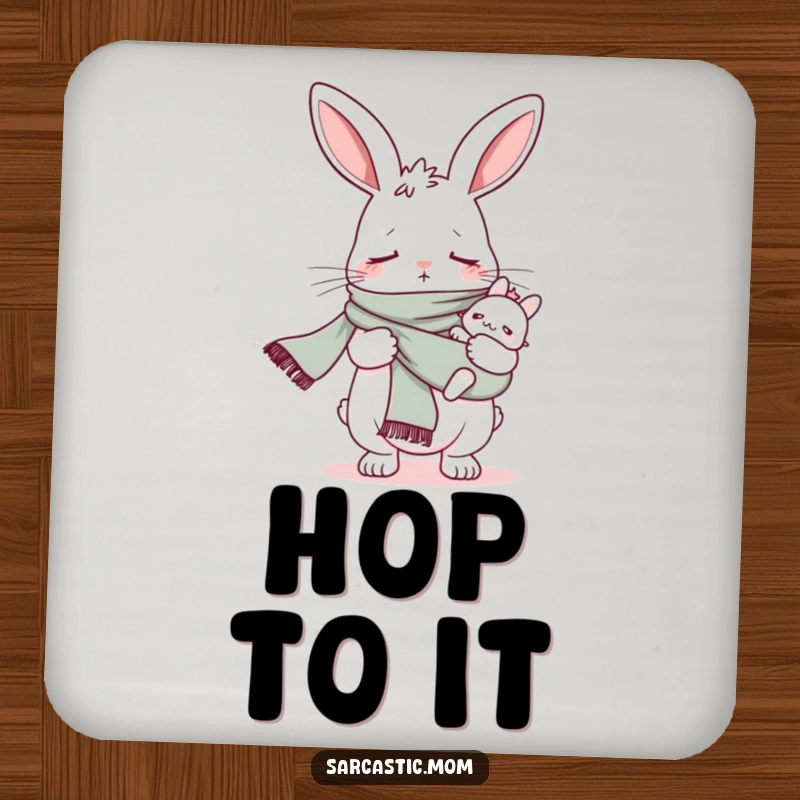 Funny bunny mom baby sling scarf drink coasters, protecting surfaces with a touch of cute mom humor.