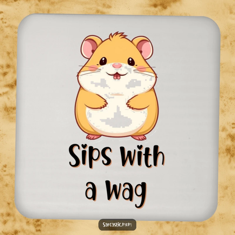Funny hamster mom coaster featuring a cute hamster mother doing a tiny chin wag, perfect for humorous drink protection.