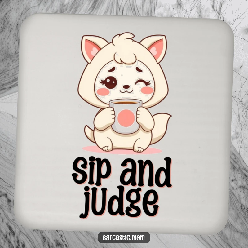 Funny Kawaii mother animal drink coasters, holding coffee, with a raised eyebrow, adding sassy humor, a wonderful funny gift.