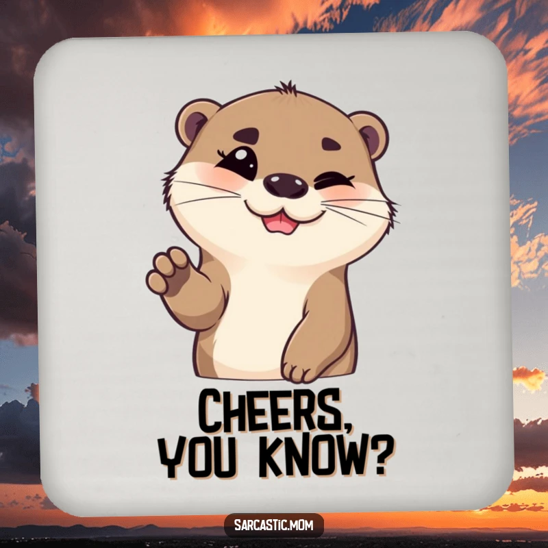 Funny otter coaster, with a raised eyebrow and paw gesture, adding sassy charm. A cute and funny gift.