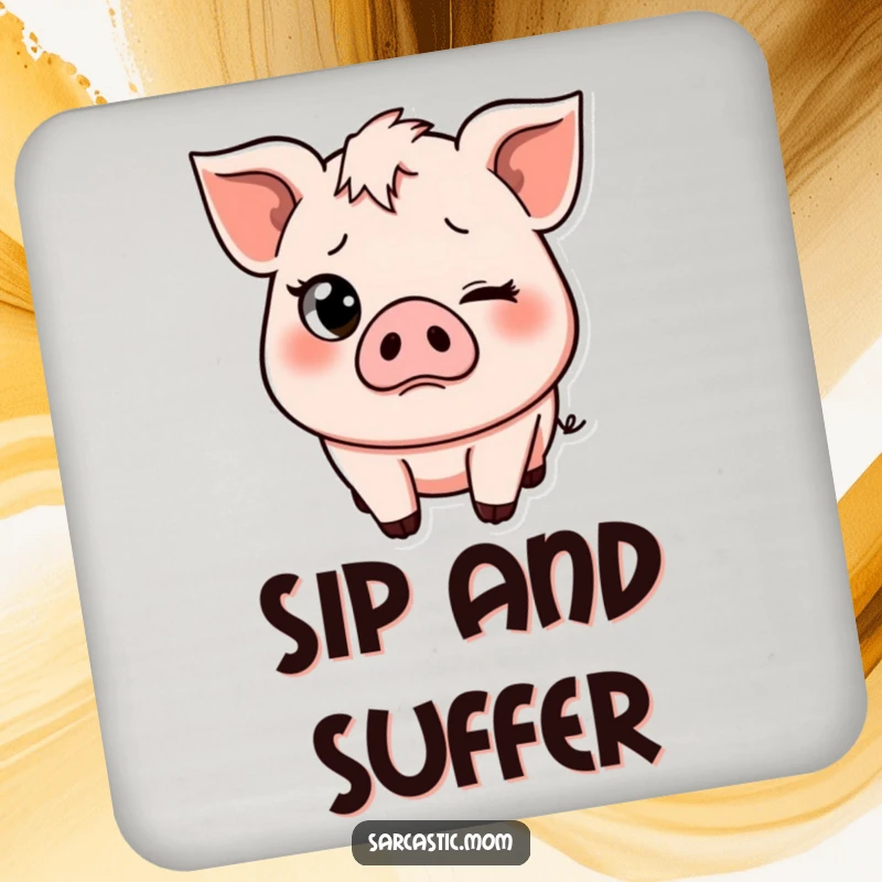 Funny drink coasters featuring a pig mom with a pronounced eye-roll and slight frown. Protect furniture with this humorous and relatable design.