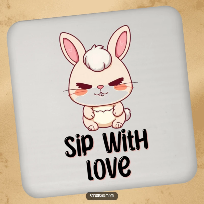 Funny Rabbit Mom Coaster featuring a rabbit mom's stern but loving expression, protecting surfaces with care.