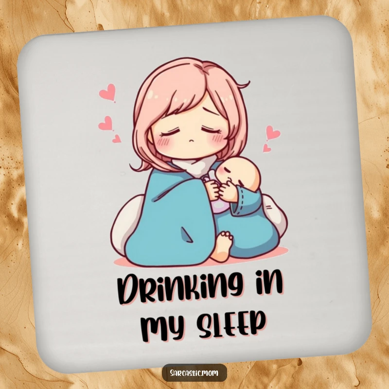 Funny sarcastic mom coasters, pretending to sleep while holding a baby. Humorous drinkware.