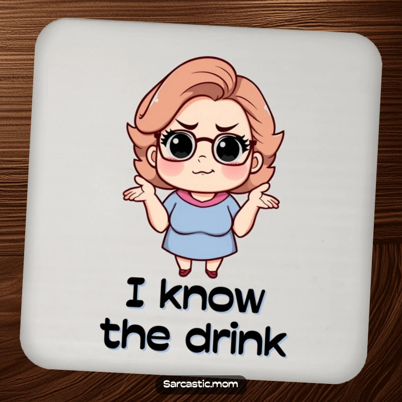 Funny sarcastic mom coasters, depicting a shrugging mom with a knowing smirk. Humorous drinkware.