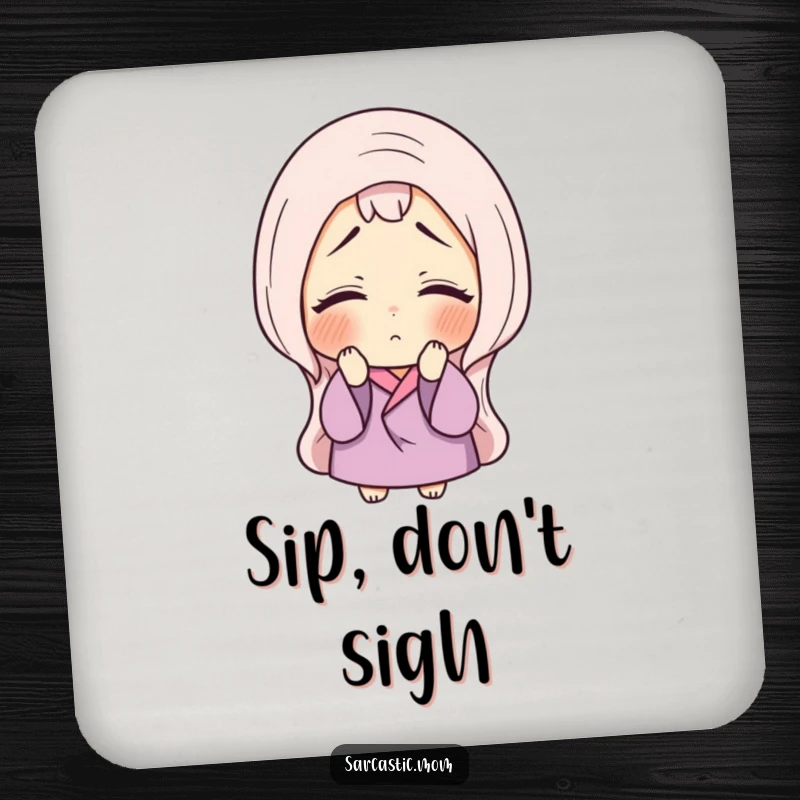 Funny drink coaster with a mother figure sighing and rolling her eyes, adding humorous protection and maternal exasperation.