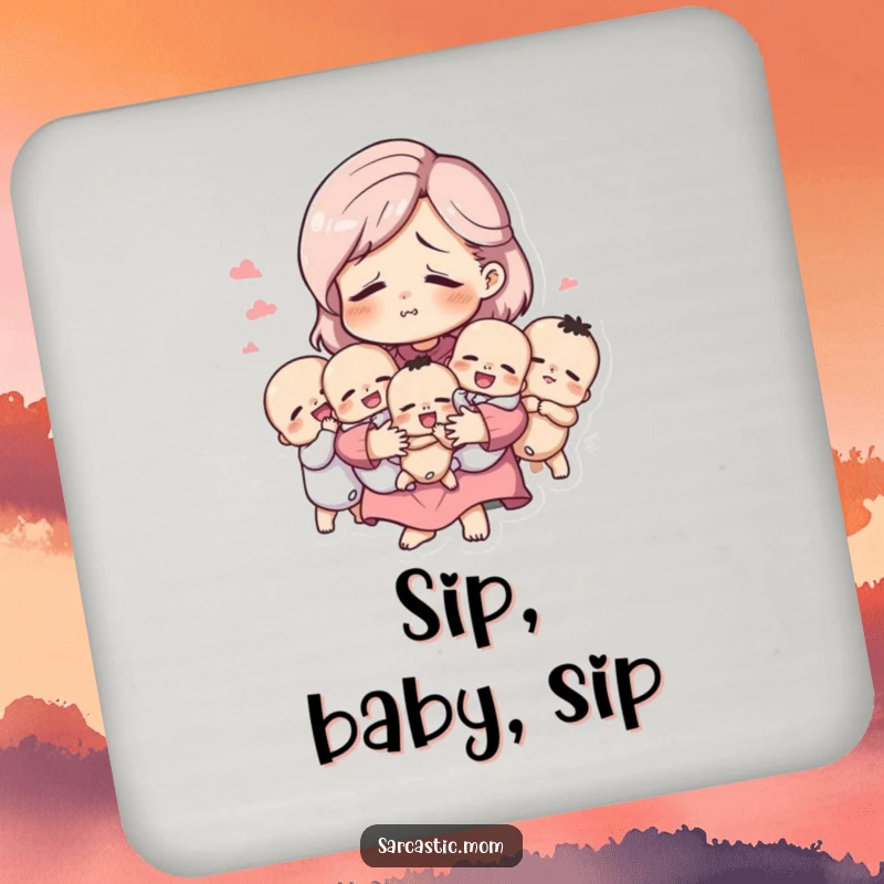 Funny drink coaster with a tired but amused mother figure holding many babies, adding humorous protection and maternal charm.