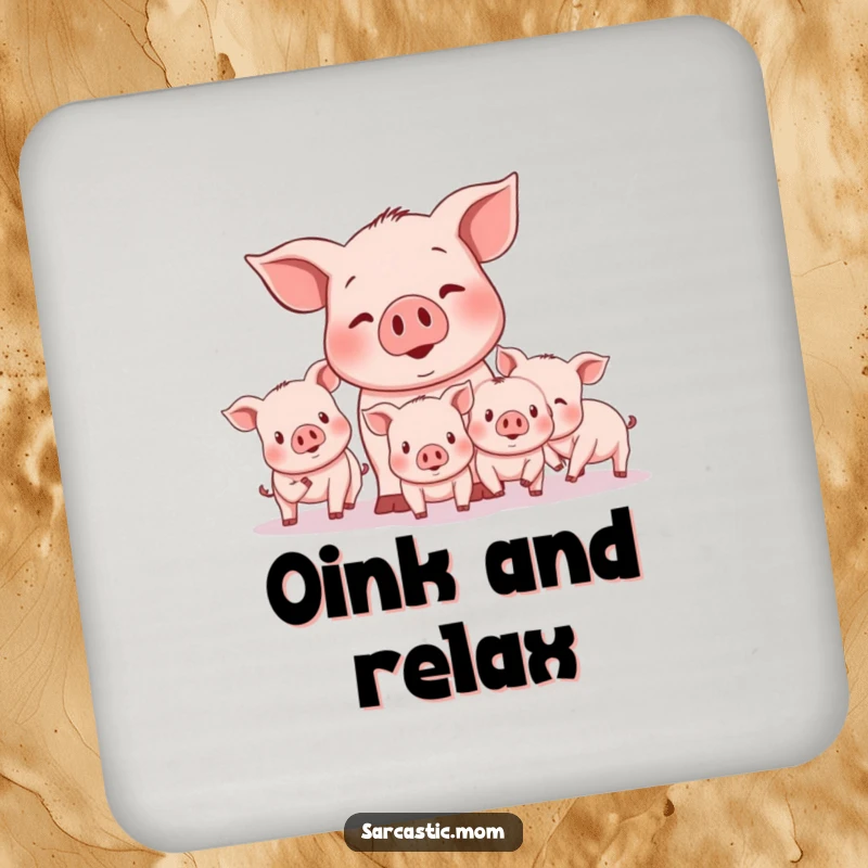 Funny mother pig character herding piglets, adding a touch of humor to drinks on these protective and functional coasters.