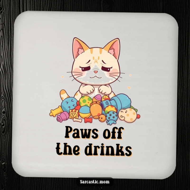 Funny Cat Mom drink coaster featuring an exasperated mother cat looking at scattered toys, offering a touch of humor.