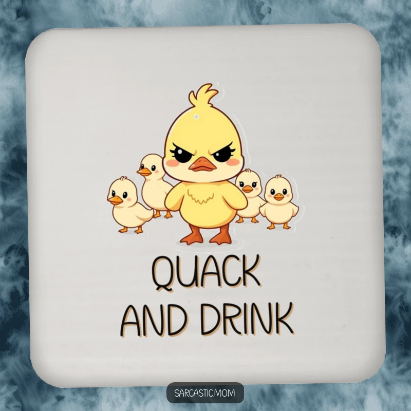 Funny determined mother duck character leading a chaotic line of ducklings, adding a touch of humor to drinks on these coasters.
