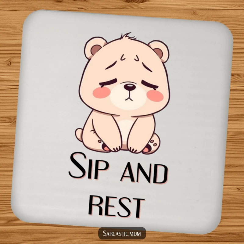 Funny Bear Mom Coaster featuring a tired bear mom, perfect for protecting furniture while adding a touch of humor.