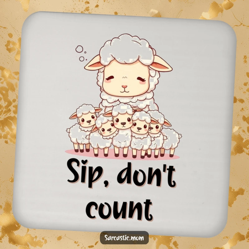 Funny Sheep Mom Coaster: A sighing mother sheep counts her fluffy lambs.