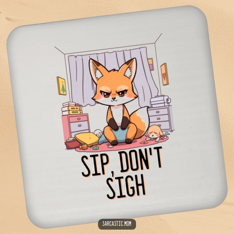 Funny Sarcastic Fox Mom Drink Coaster, a fox mom's exaggerated eye-roll, adding a humorous touch to drink protection.