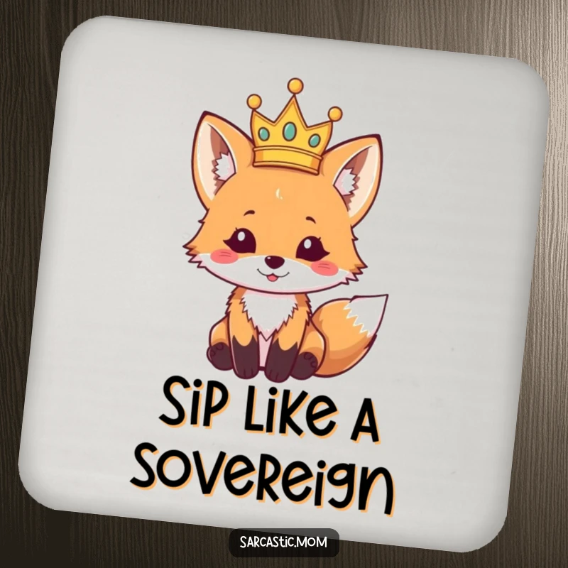 Funny fox cub coaster, wearing a tiny, crooked crown, protecting surfaces with regal charm. A cute and funny gift.