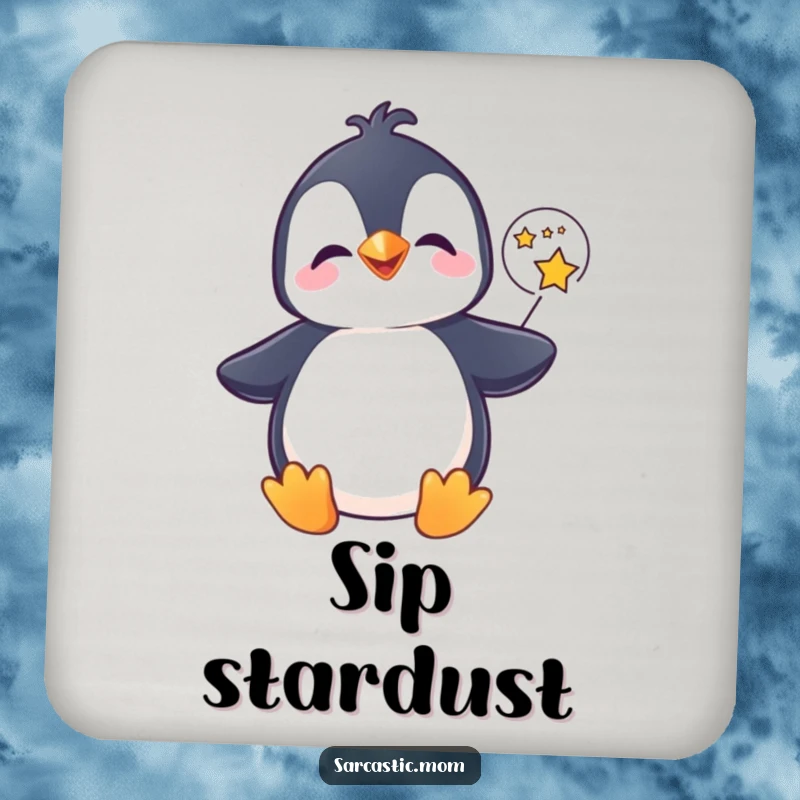 Funny penguin coaster, giggling with a speech bubble full of stars, adding magical charm. A cute and funny gift.