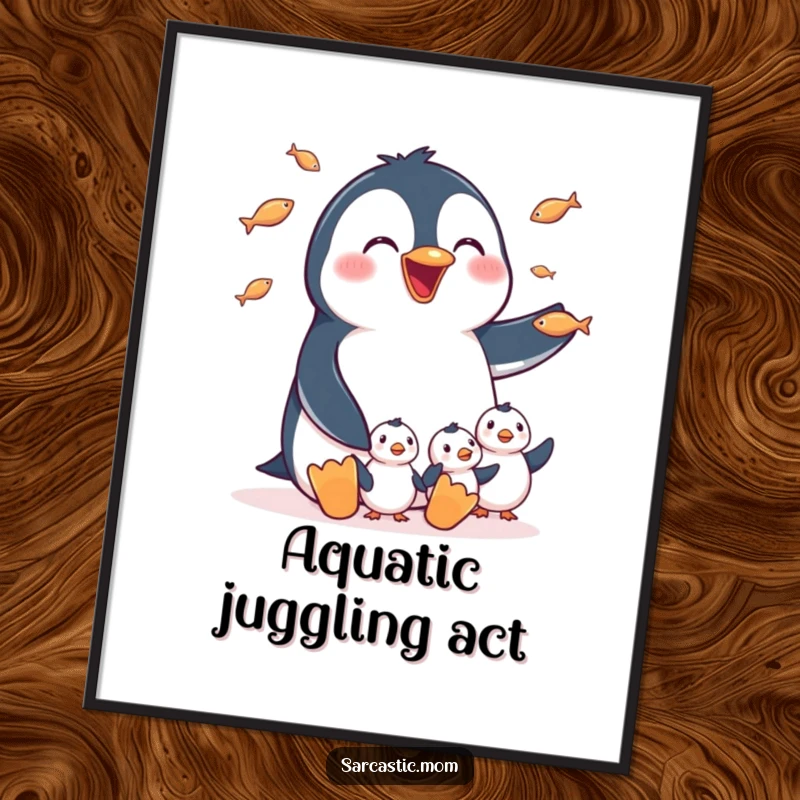 Funny Poster: A happy penguin mom juggling tiny fish for her chicks, a delightful and humorous piece of animal wall art.
