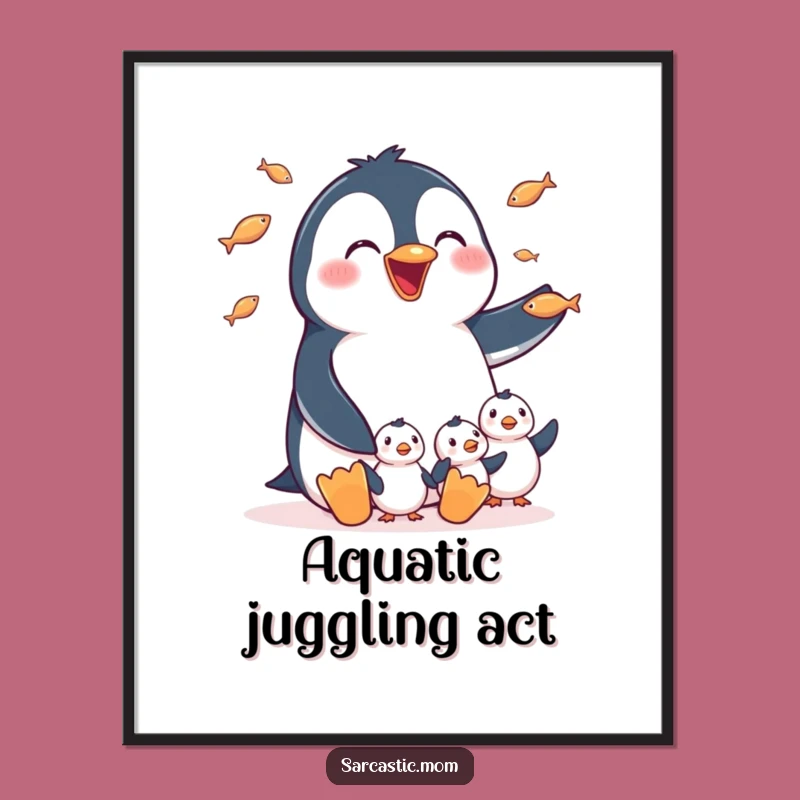 Funny Penguin Mom Poster: Heartwarming Juggling Mom Art for Animal Lovers