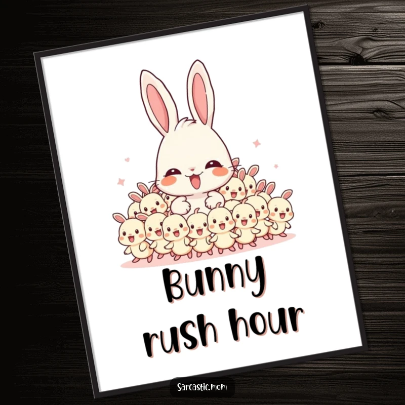 Funny Mama Bunny poster featuring an overwhelmed mother bunny surrounded by a swarm of energetic baby bunnies, embodying the love of family.