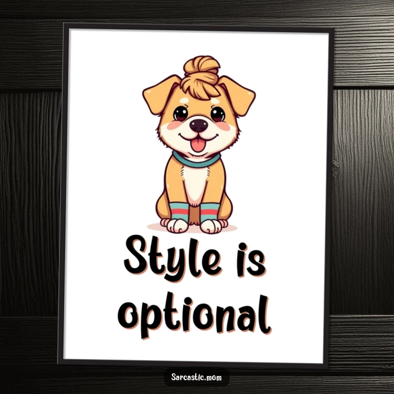 Funny poster of a dog mom with a messy bun and mismatched socks, adding humorous and relatable wall art to any home.