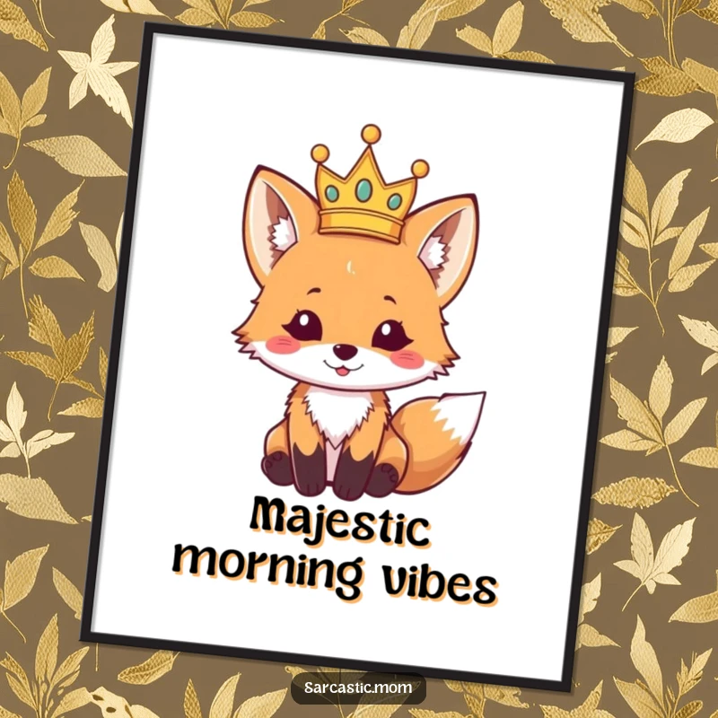 Funny fox cub poster, adorned with a small, tilted crown, exuding regal charm and playful spirit. A whimsical funny gift artwork.