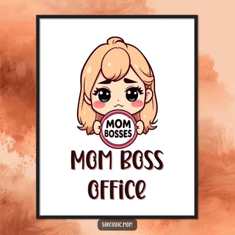 Funny Mom Boss poster featuring a sarcastic badge. Humorous wall art for mothers.