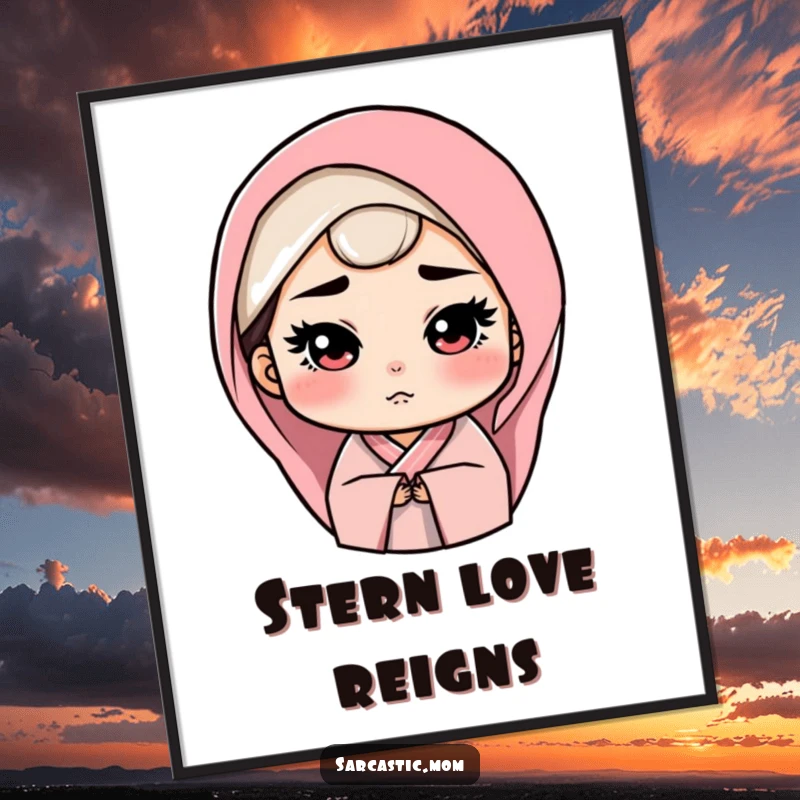 Funny Poster art of a mother figure with a stern but loving gaze, symbolizing guidance, discipline, and unwavering maternal love.