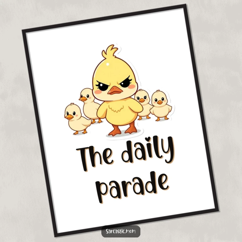 Funny determined mother duck character frowning while leading a chaotic line of ducklings on this vibrant wall art.