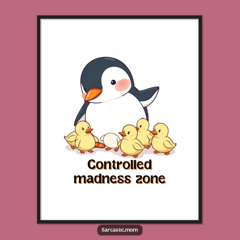 Funny Penguin Mom Poster - Herding Ducklings Art for Mom's Space