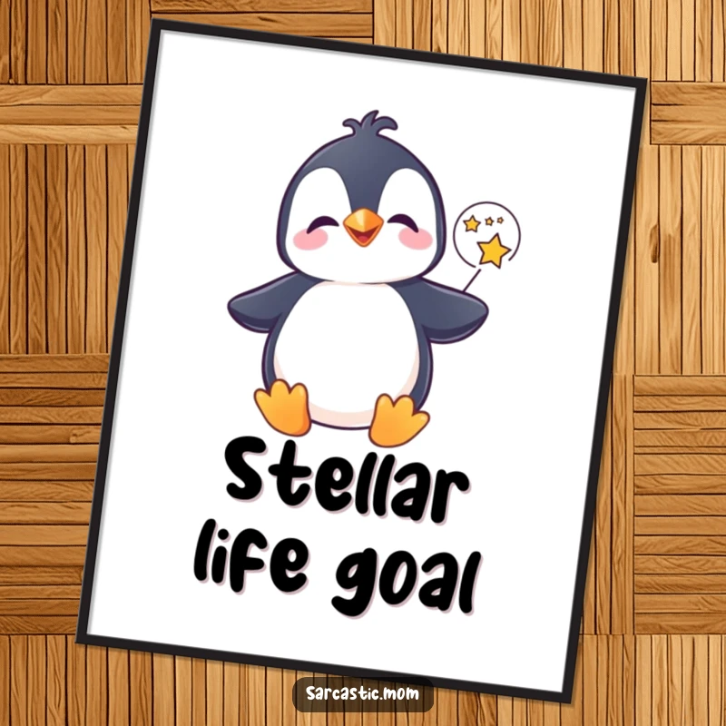 Funny penguin poster, giggling with a speech bubble full of stars, radiating pure joy and magic. A delightful funny gift artwork.