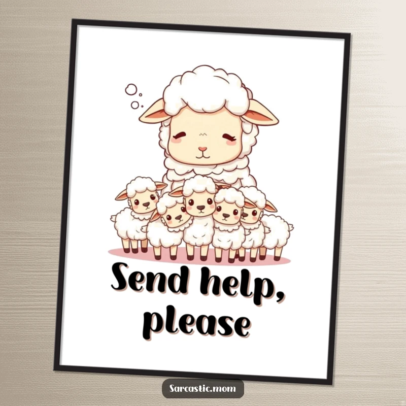 Funny Sheep Mom Poster: A sighing mother sheep gently counts her bouncy, unruly flock of lambs.