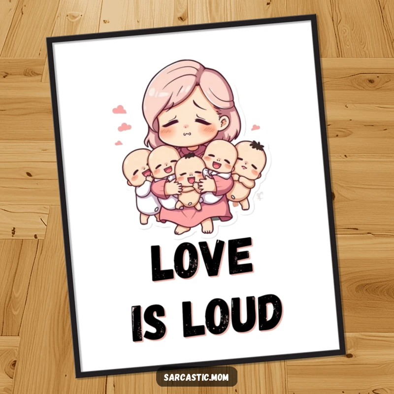 Funny poster of a tired but amused mother figure holding many babies, humorously celebrating the delightful exhaustion of raising children.