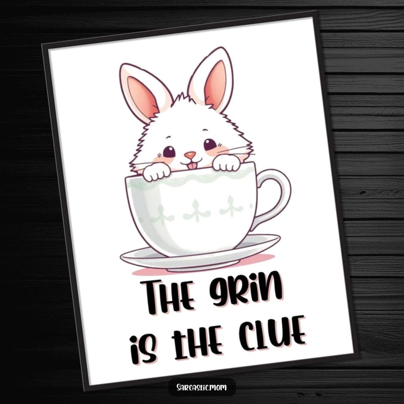 Funny fluffy bunny peeking over a steaming teacup with a mischievous grin, presented as whimsical wall art.