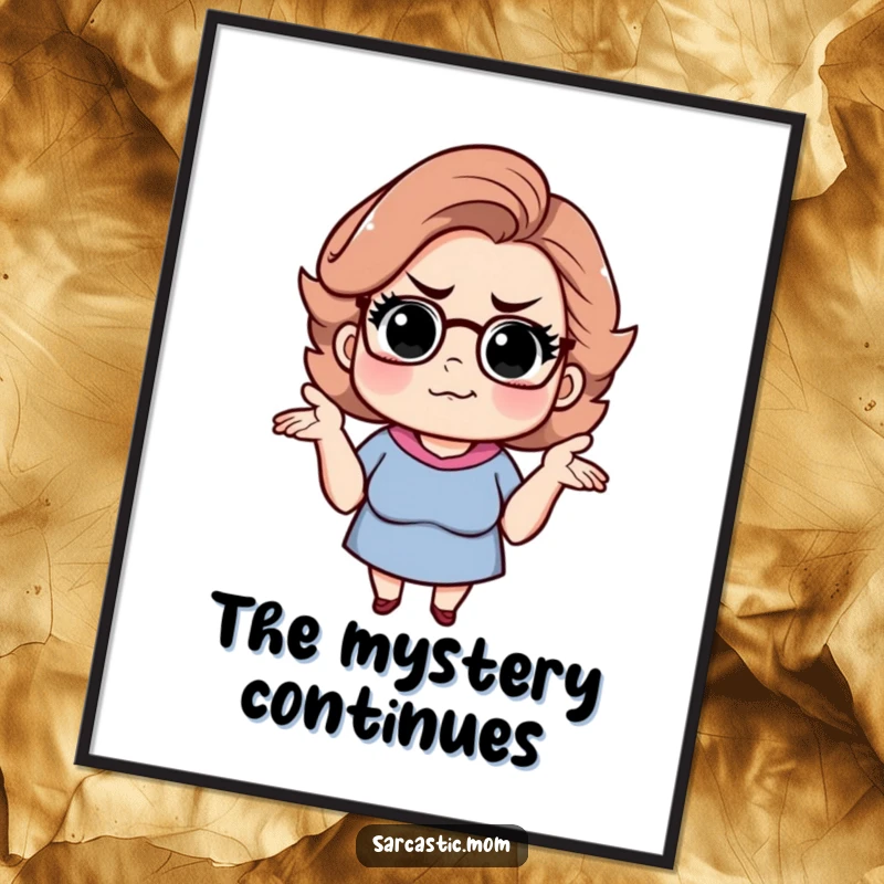 Funny sarcastic mom poster artwork, depicting a shrugging mom with a knowing smirk. Humorous wall art.