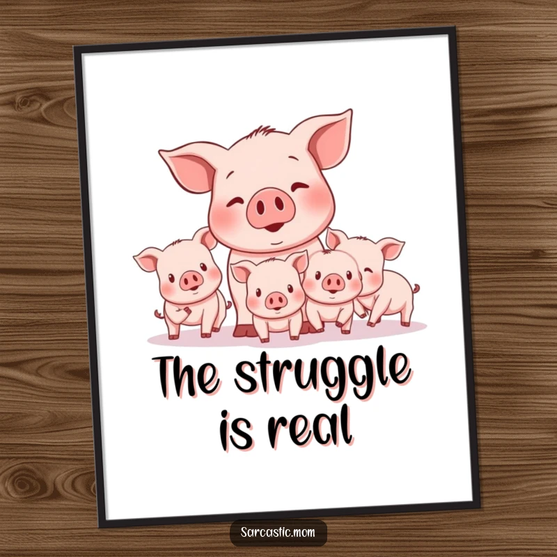 Funny mother pig character struggling to herd unruly piglets, captured in a humorous moment on this vibrant wall art.