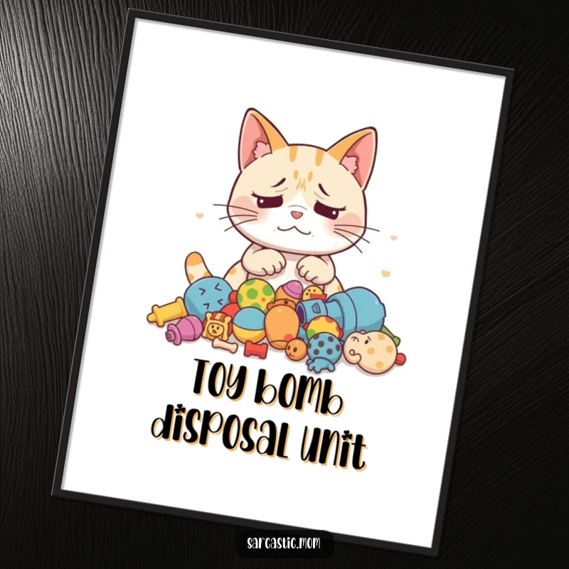 Funny Cat Mom poster featuring an exasperated mother cat surveying a chaotic pile of scattered toys, embodying the spirit of cat ownership.