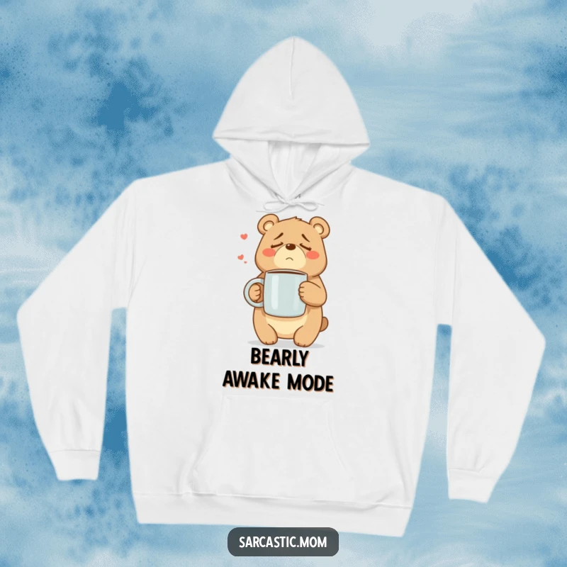 Funny Mama Bear hoodie featuring a tired bear mom with a large coffee mug, perfect for cozy, humorous relaxation.