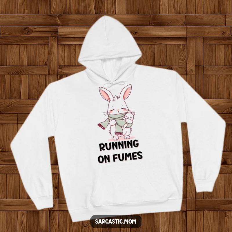 Funny bunny mom in a baby sling scarf, wearing a cozy hoodie, showcasing humorous mom life.