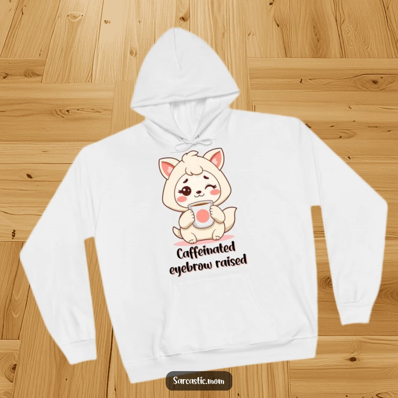 Funny Kawaii mother animal hoodie, holding coffee, with a raised eyebrow, symbolizing mom's watchful and humorous spirit, a great funny gift.