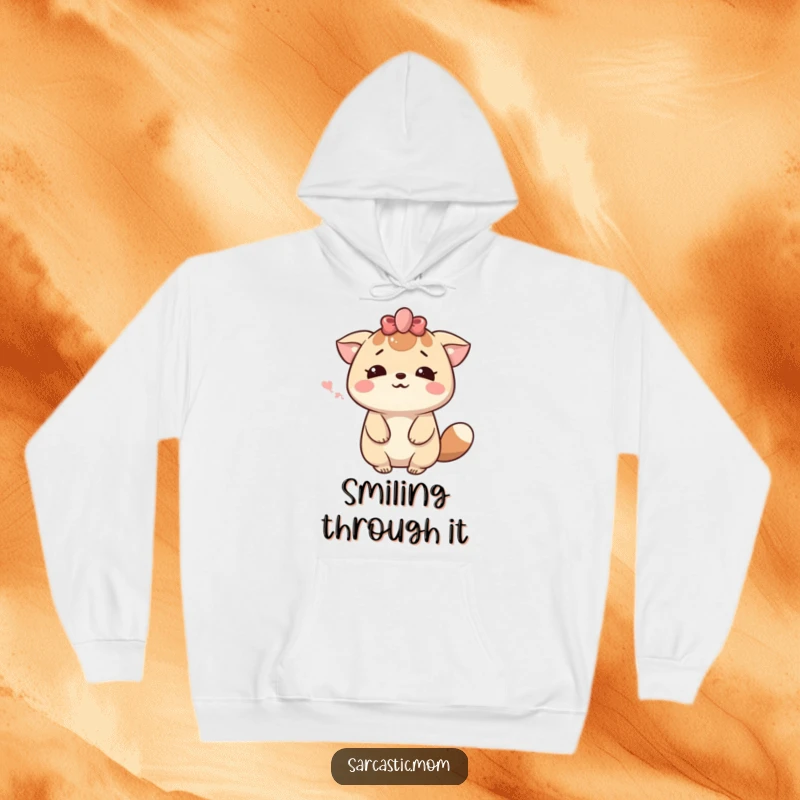 Funny Kawaii Mom Hoodie featuring a cute mother animal character sighing dramatically with a warm, humorous smile.
