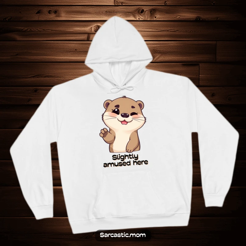 Funny otter hoodie, with eyebrows raised and a paw gesturing, exuding playful charm and warmth. An awesome funny gift.