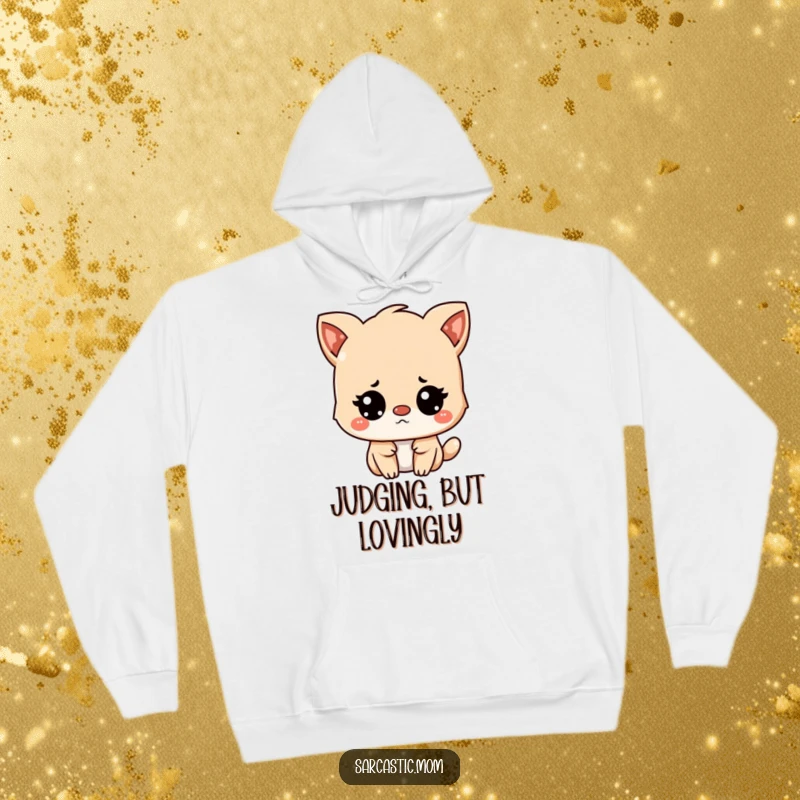 Funny Kawaii mother animal character looking unimpressed but amused, designed for cozy comfort on a hoodie.