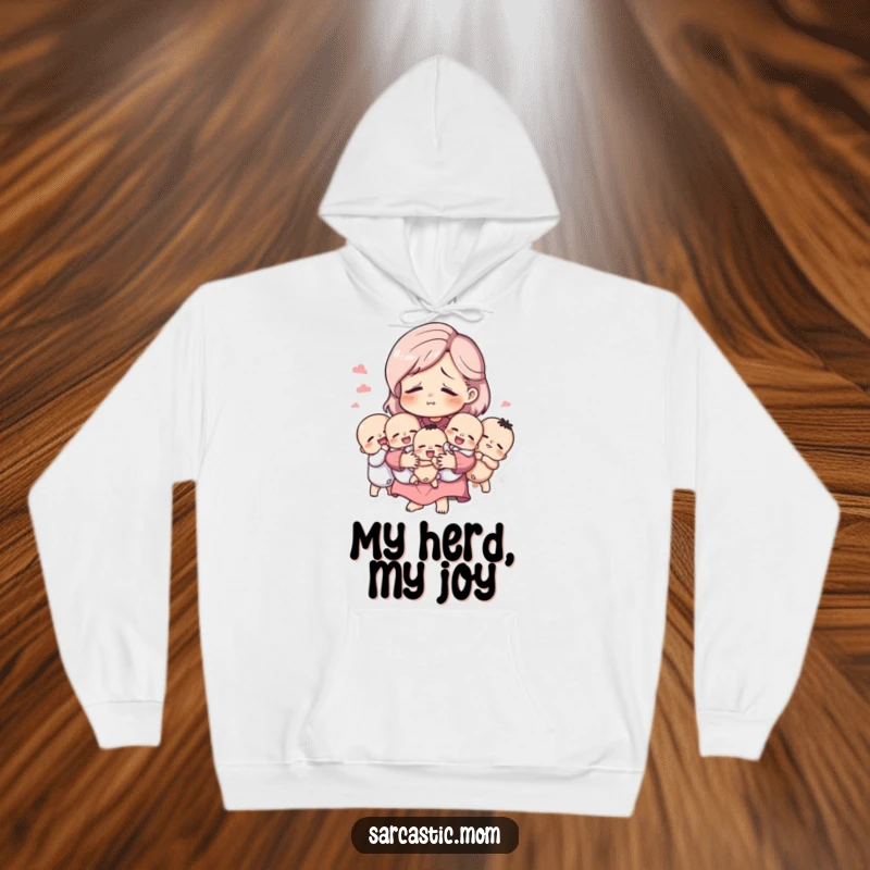 Funny hoodie with a tired but amused mother figure holding many babies, offering cozy humor for the wonderfully overwhelmed mom.